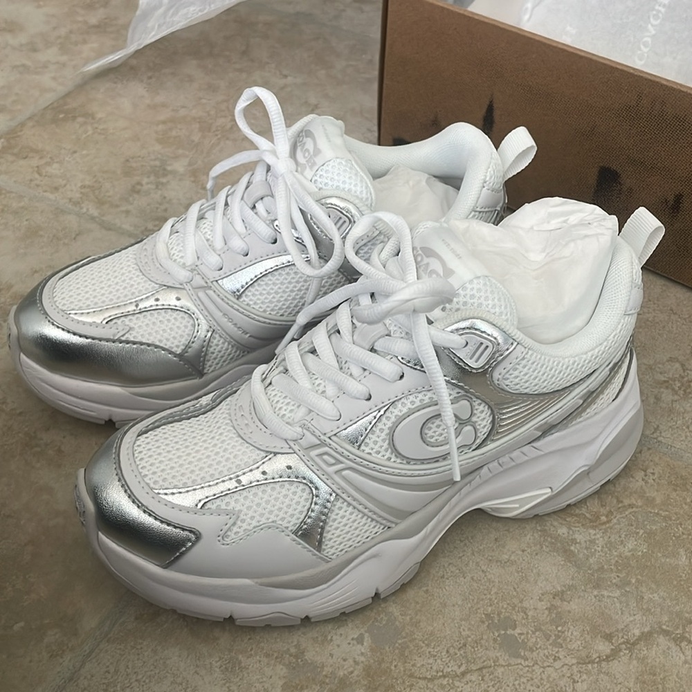 Coach Women's Metallic Mesh Sneaker, White/Grey, 6 - Picture 4 of 14